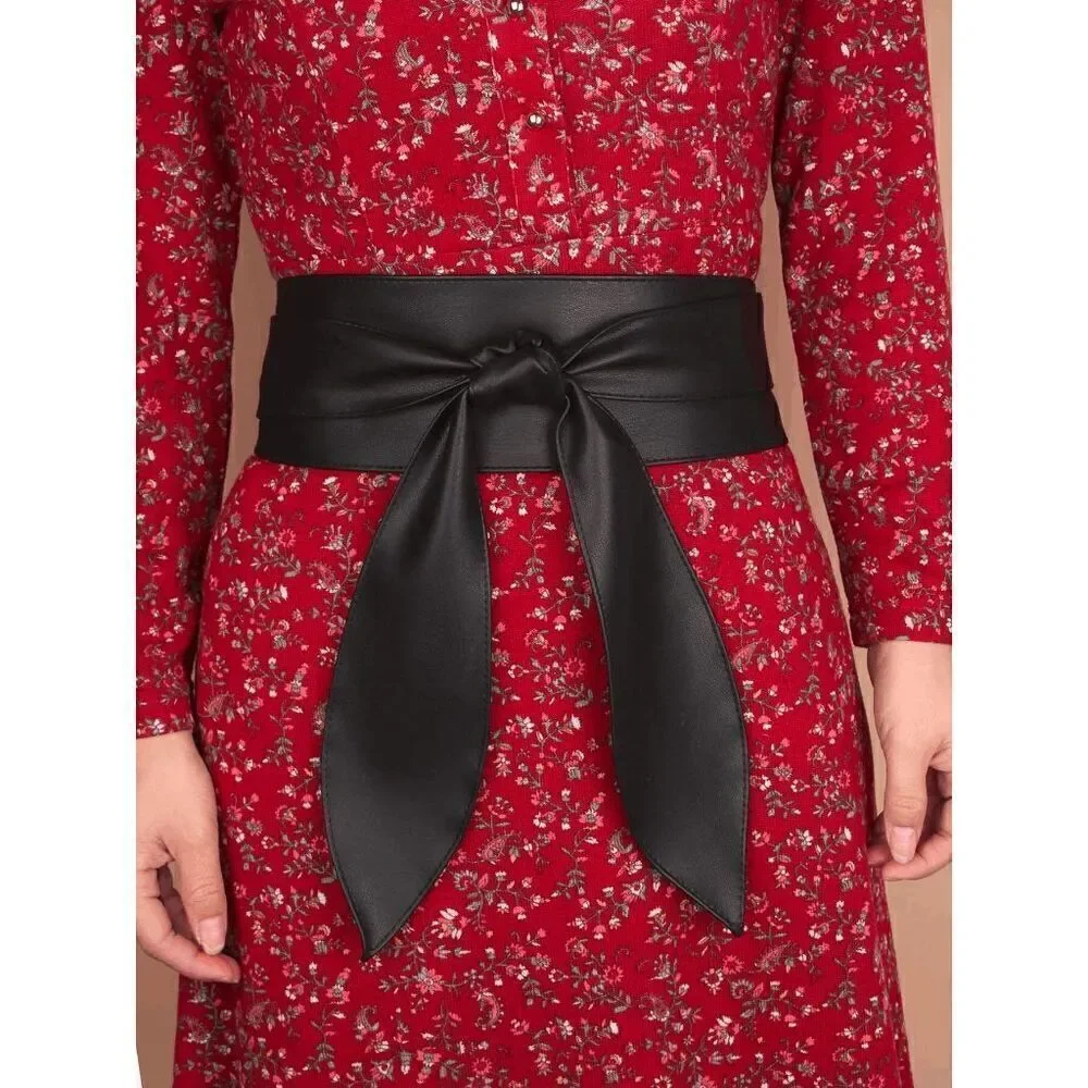 Black Knot Decor Wide Wrap Around Obi Corset Black Belt SIZE L-XL NEW